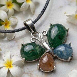 Indian Agate Butterfly Necklace Boho Nature Gemstone Pendant Silver Tone Zen